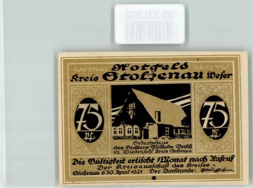Stolzenau Notgeld 75 Pfennig Geburtshaus von Wilhelm Busch