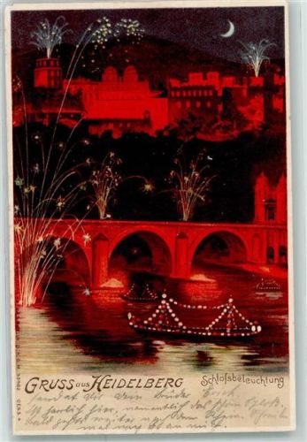Heidelberg 1905 Schlossbeleuchtung bei Nacht Feuerwerk