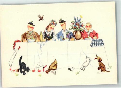 Ruhpolding Hochzeit Brautpaa Katze Dackel Huhn Ente sign.Hahn Kunstverlag