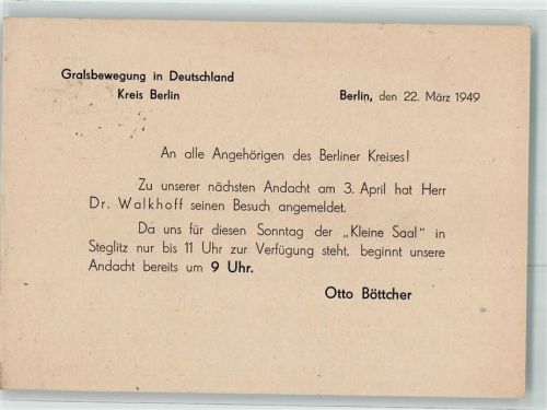 Friedenau 1949 Gralsbewegung in Deutschland Kreis Berlin Einladung
