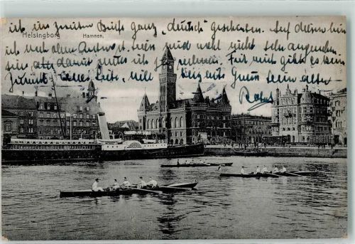 Helsingborg Hamnen Seitenraddampfer Rennrudervierer mit Steuermann