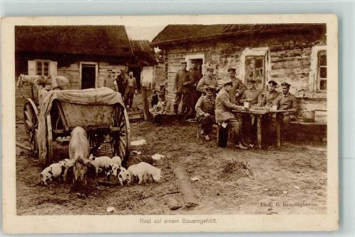 Soldaten Rast auf einem Bauerngehöft Schwein Ferkel Pferde Wohlfahrtskarte Deutscher Veteranen