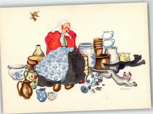 Ruhpolding Marktfrau Krüge Katzen sign.Hahn Kunstverlag