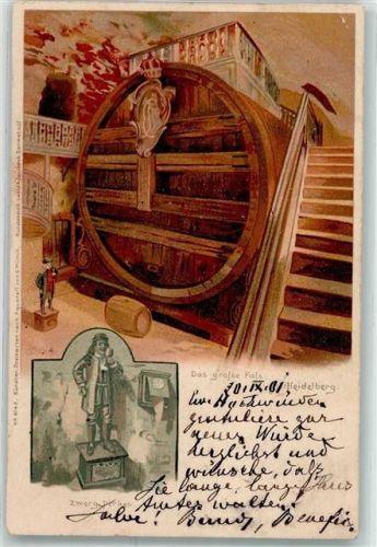 Heidelberg 1901 Lithographie das große Fass Zwerg Perkeo