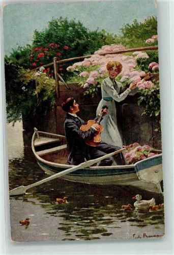 Liebespaar Gitarre Ruderboot Enten Blühende Zeit sign.Fritz Raupp Galerie Münchner Meister Nr.408