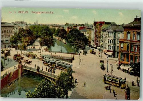 Tiergarten 1909 Potsdamer Brücke Straßenbahn Pferdekutsche Litfaßsäule