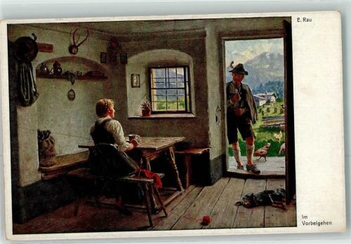 Im Vorbeigehen Hund Pfeife sign.E.Rau Galerie Münchner Meister Nr.446