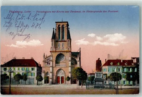 Phalsbourg 1917 Paradeplatz mit Denkmal und Kirche im Hintergrund das Postamt