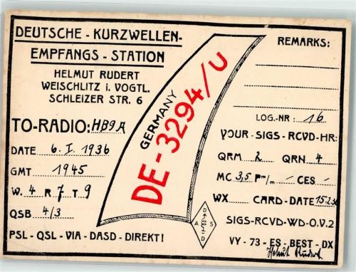 Weischlitz 1936 Deutsche Kurzwellen-Empfangs-Station DE-3294/U Funkfrequenzkarte