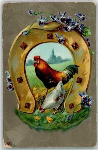 1912 Hahn Huhn Küken Blumen