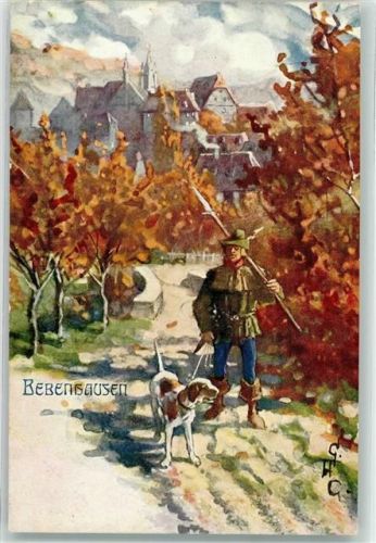 Bebenhausen Stadtwächter mit Hellebarde und Hund vor der Stadt Aquarell sign. GAC