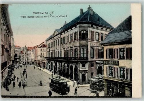 Mulhouse 1907 Wildemannstraße und Central Hotel Straßenbahn