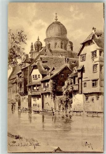 Nürnberg Insel Schütt mit Synagoge Zeichnung sign. Wiegh.