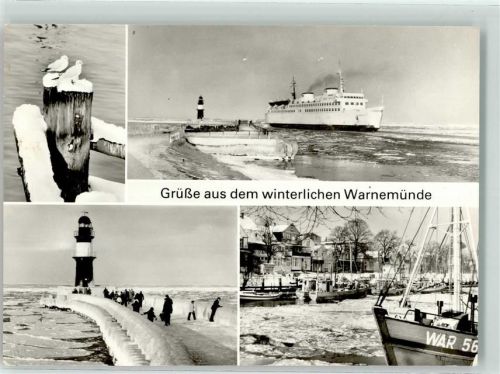 Warnemünde 1982 Leuchtturm Seefähre Fischereihafen am Alten Strom im Schnee
