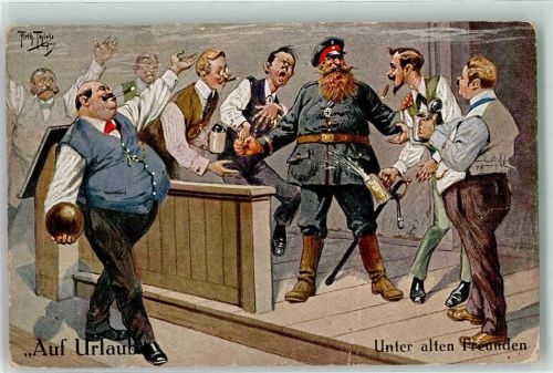 1916 sign. Thiele, Arthur Auf Urlaub Unter alten Freunden Bierkrug Feldpost Reserve Infanterie Regiment Nr.116 Künstlerkarte Verlag Dietrich Nr.153-7