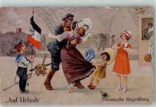 Auf Urlaub Stürmische Begrüßung Kinder Fahne Schwarz-Weiß-Rot Verlag Dietrich Nr.153-3 Künstlerkarte
