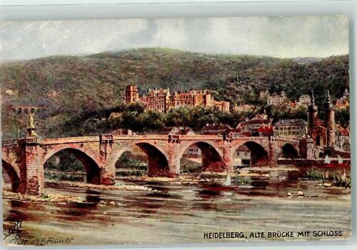 Heidelberg Heidelberger Schloss und Alte Brücke Malerei sign. C.Flower Oilette Serie Heidelberg No.610B