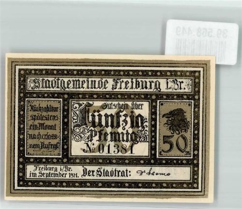 Freiburg 1921 Gutschein über Fünfzig Pfennig Stadtwappen und Münster