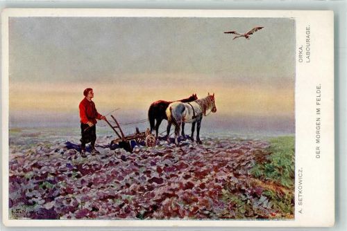 Krakau sign. A.Setkowicz Der Morgen im Feld Tracht Beruf Bauer Ort lt. Verlag
