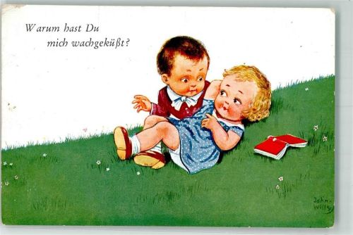 1930 Warum hast Du mich wachgeküßt? Kleines Mädchen mit kleinem Jungen und Buch auf der Wiese