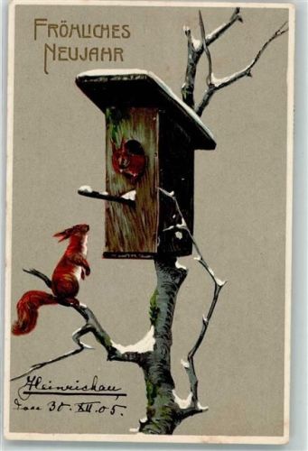 1905 Neujahrsgrüße Zwei Eichhörnchen in einem Vogelhäuschen auf einem kahlen Baumstamm Lithographie