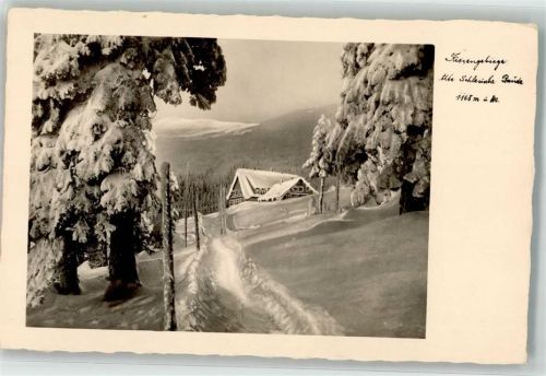 Alte schlesische Baude Foto AK Riesengebirge Winter
