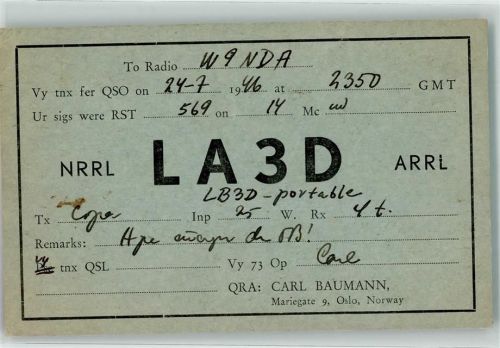 Oslo 1946 Amateurfunk QSL-Karte