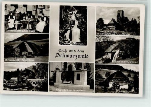 Schapbach Spinnstube Schwarzwaldhaus Triberg-Wasserfälle Kriegerdenkmal Ruine WaldauWassermühle Verlag J. Schäfer Nr. 1651