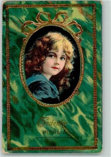 1914 Gedenke mein! Portrait einer jungen Frau Jugendstil Lithographie Imp.8041 Bahnpost Strassburg Zug 234