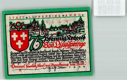 Bad Lippspringe 1921 75 Pfennig Die Sachsentaufe Karls d. Gr. a.d. Quelle d. Lippe Anno 776
