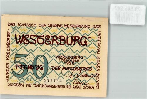 Westerburg Notgeld 50 Pfennig 1920 Schloss Wappen Turm Adler