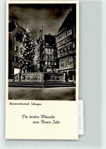 Tübingen Neptunbrunnen vor beleuchtetem Weihnachtsbaum Neujahrsgrüße