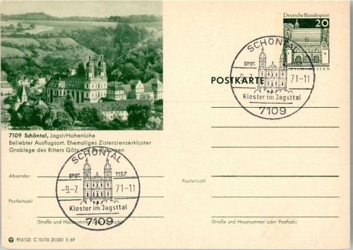 Schöntal 1971 Ehemaliges Zisterzienserkloster Grablege des Ritters Götz von Berlichingen Sonderstempel Kloster im Jagsttal