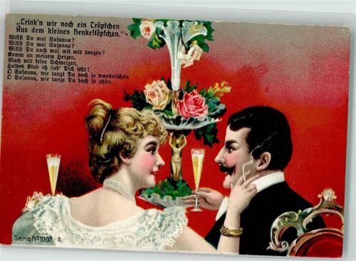 Frau mit Zigarette prostet jungen Mann mit einem Glas Sekt zu Rosen Jugendstil Lithographie