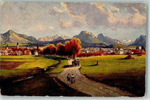 Rosenheim 1913 Aquarell Planwagen auf dem Weg zur Stadt