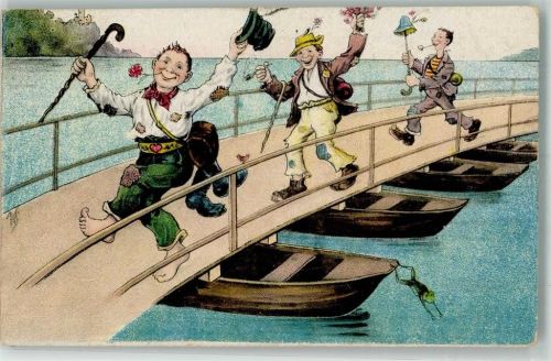 Drei fröhliche Landstreicher auf einer Pontonbrücke von der ein Frosch hüpft