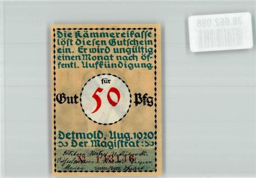 Detmold 1920 50 Pfg Gutschein Nr. 143146