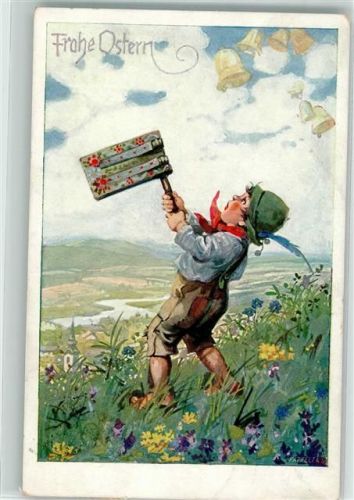 1914 sign. Patzelt, Heinz Ostern Junge mit Klapper auf einer Blumenwiese Bund der Deutschen in Niederösterreich Karte Nr. 183