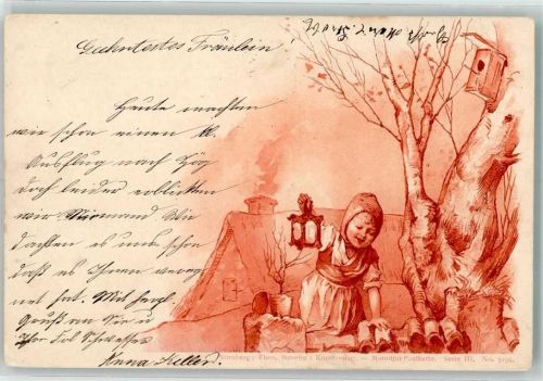 1900 Monotjnt-Postkarte Serie III No. 5199 Mädchen mit Laterne beim Holz holen Lithographie