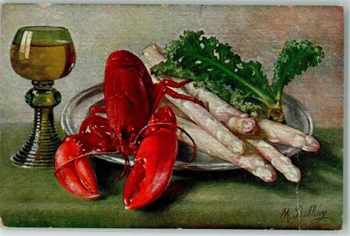 1919 Stilleben mit Hummer Spargel Gemüse und Wein Künstlerkarte Serie 301