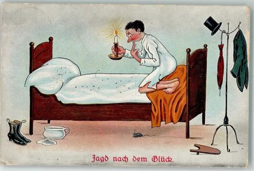 1927 Ein ängstlicher Mann hockt auf seinem Bett und betrachtet die umherhüpfenden Läuse Maus Humor / Karikatur L & P 6710