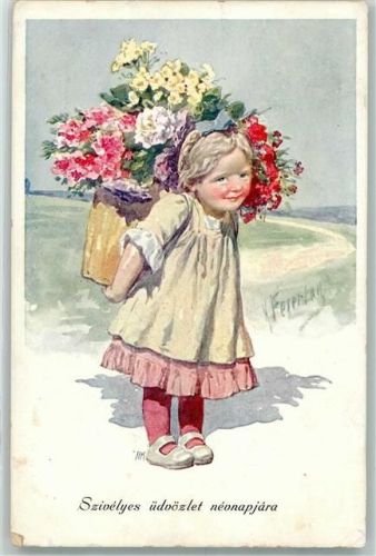 1917 Mädchen Kind Kiepe mit Blumen Szivelyes üdvözlet nevnapjaraBKW I Brüder Kohn 193-1