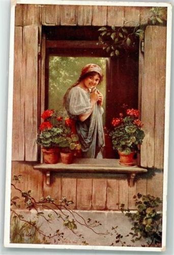 1915 Wiener Kunst 1712 Dorfkokette am Fenster sign. Hock D.