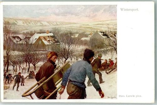 Nr. 1167 Wiener Kunst Wintersport sign. Larwin Hans , Schlitten