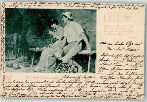 1900 Die alte Geschichte Mann und Frau gemeinsam auf einer Bank Gedicht von Rückert