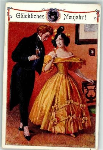996-3 Glamour Biedermeier Liebespaar Leier Neujahr Sekt