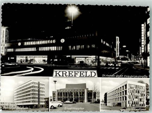 Krefeld St. Anton Ecke Friedrichstraße Polizeipräsidium Stadttheater Hauptzollamt Auto C&A Nacht Beleuchtung Brenninkmeyer