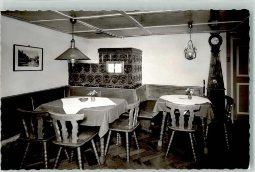 Oberstaufen Eibelesmühle Gasthaus Kachelofen Uhr Wandbild Blumen Ort handschriftlich Foto Original aus Archiv eines Ansichtskartenverlags
