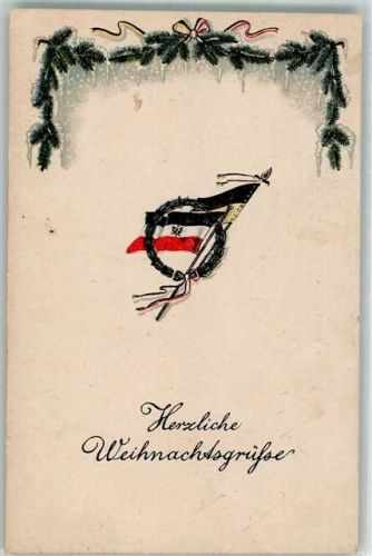 1919 Herzliche Weihnachtsgrüße Schwarz-Weiß-Rote und Gelb-Schwarze Fahne im Lorbeerkranz Patriotik WK I Feldpost 4. Landwehr Division