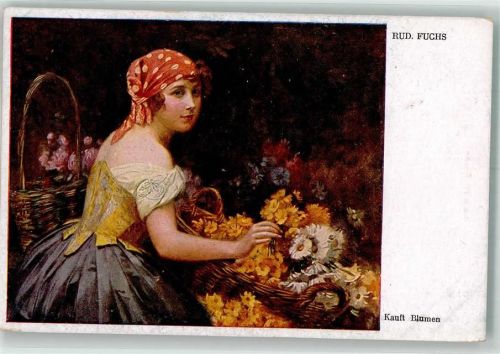 Eine junge Blumenverkäuferin Marktszene Galerie Wiener Künstler Nr. 679 Pantophot Fuchs, R. Künstlerkarte